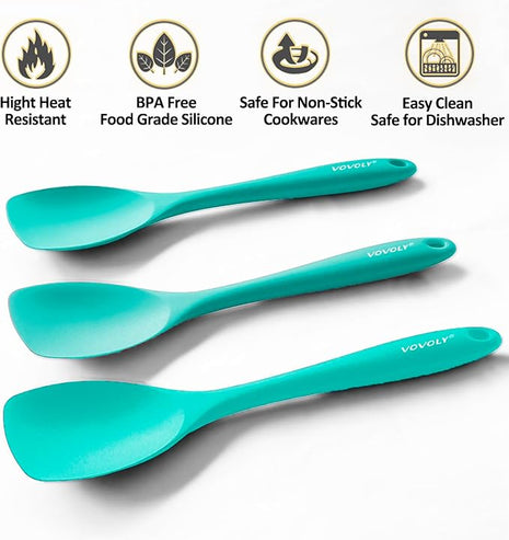 Upgrade Silicone Spatula Spoon Set,VOVOLY Heat Resistant Rubber Spoonula, Seamless Non-Stick Flexible Scrapers for Baking Mixing Tool,3 Pack, Teal