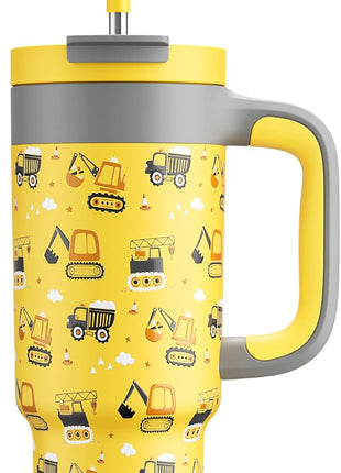 24 oz Stainless Steel Cup with Handle for Preschooler: BPA-Free, Lid with Straw, Easy to Clean, Car Cupholder Friendly, Insulated Tumbler for Playtime, Sports, Summer Camp, Vacation, Gift (Dig It Up)
