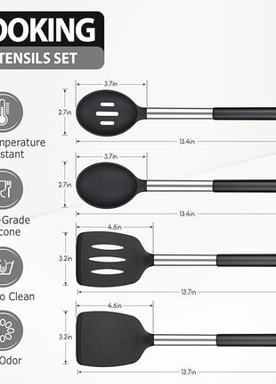 Pack of 4 Large Silicone Cooking Spatulas and Spoons, Slotted and Solid Stainless Steel Cooking Utensils Set, Non-stick Heat Resistant Kitchen for Baking, Fried, Stir-Fry, Mixing, Serving (Black)