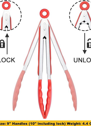 Silicone Cooking Tongs 9-Inch Serving Tongs, Set of 3 (Red)