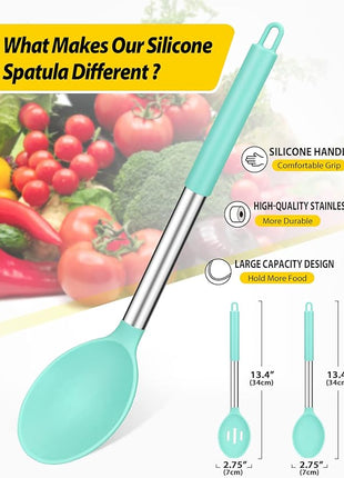 Pack of 2 Large Silicone Cooking Spoons,Non Stick Solid Basting Spoon,Heat-Resistant Kitchen Utensils for Mixing,Serving,Draining,Stirring (GREEN)