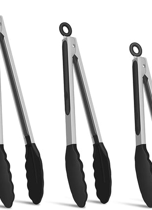 Kitchen Tongs, Set of 3 Stainless Steel Tongs with Silicone Tips Locking Cooking Tongs 600ºF Heat Resistant Tong for Cooking BBQ Grilling Air Fryer Serving Food Salads, 7"+9"+12" Black