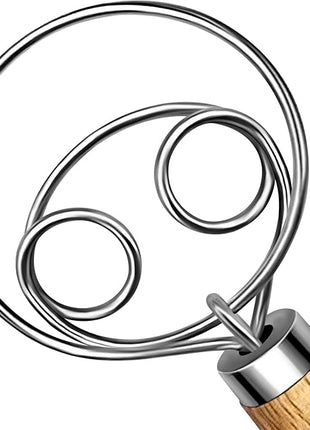 TEEVEA Danish Dough Whisk Stainless Steel Dough Hook Dutch Whisk for Sourdough Bread Dough Mixer Hand Wooden Handle Kitchen Whisking Mixing Tool Bread Making Tools and Supplies