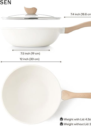 Kordisen Nonstick Wok with Lid, 12 Inch Woks & Stir-fry Pans, Healthy Coating Induction Cookware, Compatible with All Stovetops, PFOA Free (Cream White)