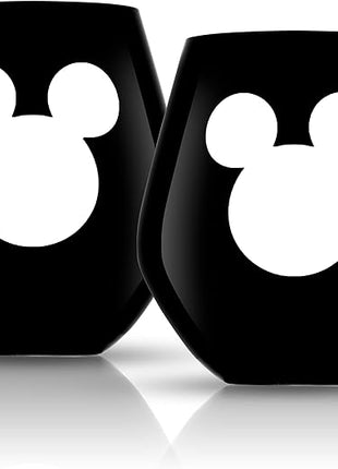 JoyJolt Disney Luxury Mickey Mouse Stemless Wine Glasses Set. 2x European Crystal Glass Drinking Glasses. Premium Xmas Stuff, Gifts and Cups. 20oz Black Wine Glass, Disney Wine Glass
