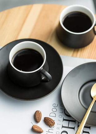 YHOSSEUN Ceramic Espresso Cups Set of 6, 4 Oz Expresso Shots Cup with Stand & Saucers, Small Coffee Espresso Cup Demitasse Cups, Black