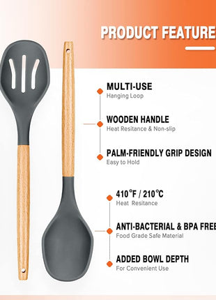 Large Silicone Cooking Spoons, 2 Pack Nonstick Solid and Slotted Wooden handle Spoon Set, Heat Resistan Silicone Kitchen Spoons for Cooking, Serving, Basting, Mixing (Grey)