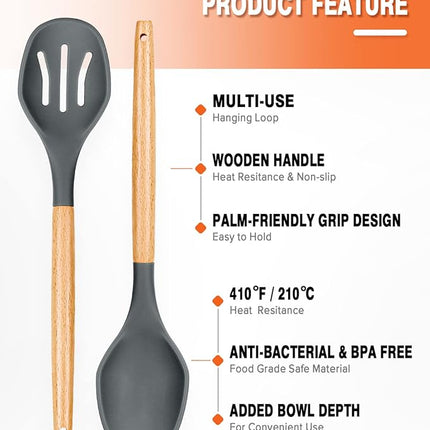 Large Silicone Cooking Spoons, 2 Pack Nonstick Solid and Slotted Wooden handle Spoon Set, Heat Resistan Silicone Kitchen Spoons for Cooking, Serving, Basting, Mixing (Grey)