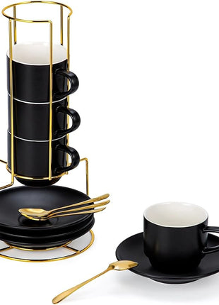 Lareina 8 Ounce Porcelain Cappuccino Cups Set of 4, Stackable Coffee Cups with Saucers, Spoons and Metal Stand -for Specialty Coffee Drinks, Cappuccino, Latte, Americano and Tea, Black