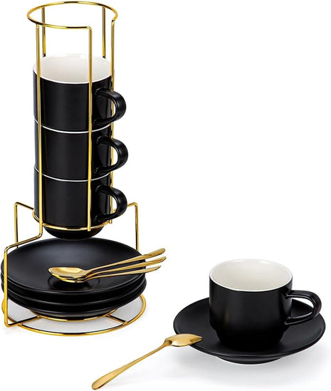 Lareina 8 Ounce Porcelain Cappuccino Cups Set of 4, Stackable Coffee Cups with Saucers, Spoons and Metal Stand -for Specialty Coffee Drinks, Cappuccino, Latte, Americano and Tea, Black