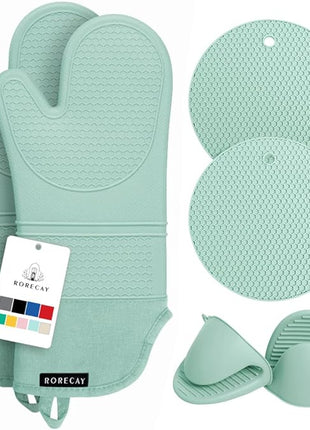 Rorecay 6pcs Oven Mitts and Pot Holders Sets Heat Resistant 500 Degrees, Extra Long Silicone Oven Gloves Non-Slip Potholders Hot Pads for Kitchen Baking Cooking, Quilted Liner, Bermuda Teal