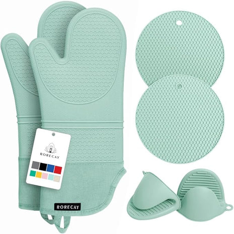 Rorecay 6pcs Oven Mitts and Pot Holders Sets Heat Resistant 500 Degrees, Extra Long Silicone Oven Gloves Non-Slip Potholders Hot Pads for Kitchen Baking Cooking, Quilted Liner, Bermuda Teal