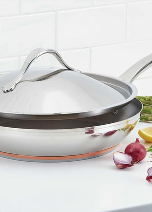 Anolon Nouvelle Stainless Stainless Steel Frying Pan / Fry Pan / Stainless Steel Skillet with Lid - 12 Inch, Silver