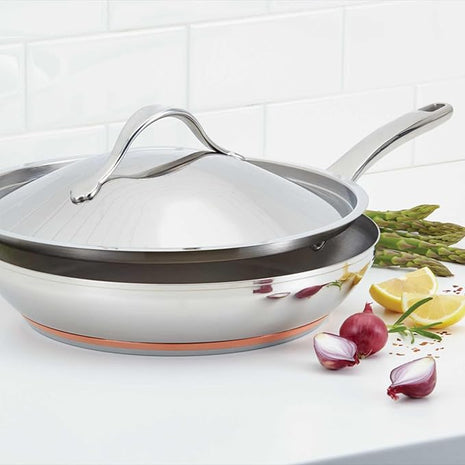 Anolon Nouvelle Stainless Stainless Steel Frying Pan / Fry Pan / Stainless Steel Skillet with Lid - 12 Inch, Silver