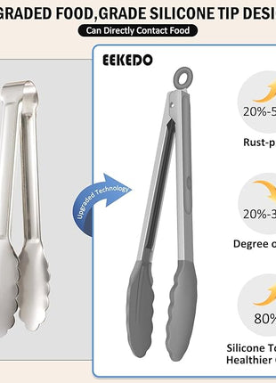 Kitchen Tongs, Set of 3 Stainless Steel Tongs with Silicone Tips Locking Cooking Tongs 600ºF Heat Resistant Tong for Cooking BBQ Grilling Air Fryer Serving Food Salads, 7"+9"+12" Light Grey