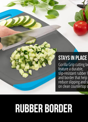 GORILLA GRIP BPA-Free Reversible Kitchen Cutting Board Set of 3, US Designed, Nonporous, Juice Grooves Catch Liquid, Slip Resistant Border, Dishwasher Safe, Durable Food Chopping Boards, Aqua Gray