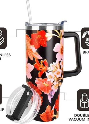 SYACOT 40 oz Tumbler with Handle and Straw Stainless Steel Insulated Tumbler Leak Proof Lid and Straw Lid Reusable Travel Mug Coffee Mug Cup Dishwasher Safe Keep Drinks Cold and Hot (Jasmine)