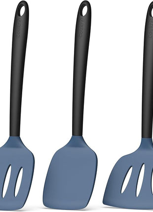 Coukre 3 Pack Silicone Spatula Set, High Heat Resistant, BPA-Free, Fish Spatula, Solid & Slotted Turner for Non-Stick Pans, Flipping Eggs, Pancakes, Fish, Burgers (3, DarkBlueBlack)