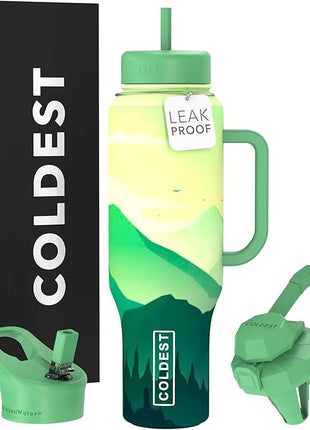 Coldest Tumbler with Handle and Straw - 100% Leak Proof Insulated Tumbler with Lid and Straw (3 Lids) - Stainless Steel Tumblers for Women & Men - Cup Holder Friendly Base, 46 oz (Happy Camper)