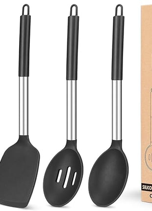 Pack of 4 Silicone Cooking Utensils Set, Non Stick Large Solid Spatulas, Heat Resistant Black Slotted Spoons, Ideal BPA Free Kitchen Turners for Frying, Mixing,Serving,Draining,Turning,Stirring