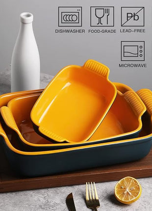 Sweejar Baking Pans Set, Ceramic 9x13 Baking Dish with Handle, Rectangular Casserole Dishes for Oven, Bakeware Sets of 3, Durable Lasagna Pan Deep for Kitchen, Banquet, Wedding Gift(Blue & Yellow)