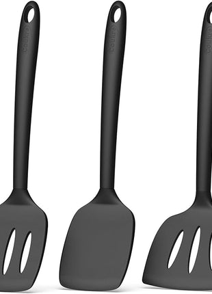 Coukre 3 Pack Silicone Spatula Set, High Heat Resistant, BPA-Free, Fish Spatula, Solid & Slotted Turner for Non-Stick Pans, Flipping Eggs, Pancakes, Fish, Burgers (3, PureBlack)