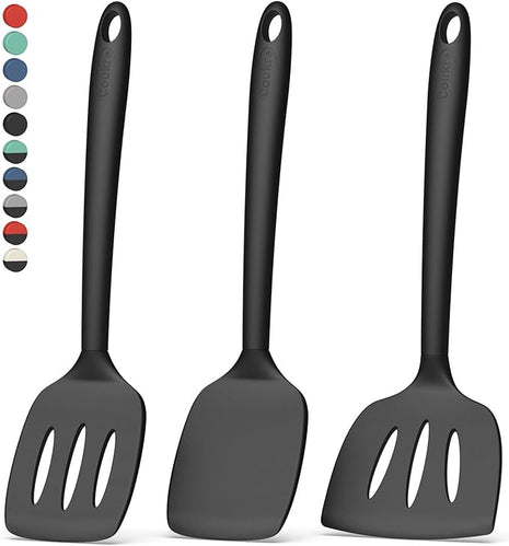 Coukre 3 Pack Silicone Spatula Set, High Heat Resistant, BPA-Free, Fish Spatula, Solid & Slotted Turner for Non-Stick Pans, Flipping Eggs, Pancakes, Fish, Burgers (3, PureBlack)