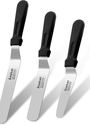 Anaeat Icing Spatulas, Set of 3 Professional Cake Angled Offset Spatula with 4", 6", 8" Stainless Steel Blades - Thickened Frosting Knife with Plastic Handle for Cake Decorating, Pastry & Baking