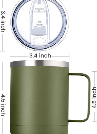 MEWAY 12oz Coffee Mug With Handle 4 Pack Bulk,Stainless Steel Insulated Travel Tumblers With Sliding Lid,Double Wall Vacuum Camping Cup for Hot & Cold Drinks Tea (Army Green,Set of 4)