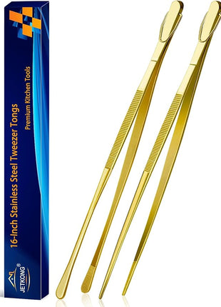 JETKONG 2 Pcs 16-Inch Heavy Duty Cooking Tweezers Extra Large Stainless Steel Food Tweezers Gaint Kitchen Tweezer Tongs (Gold)