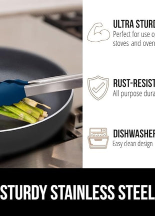 GORILLA GRIP Stainless Steel Heat Resistant Kitchen Tongs for Cooking, Set of 2 BBQ Tong, Non Scratch Silicone Tip for Pans, Strong Grip, Grab Food, Toss Salad, Air Fryer, Pull Lock, 7 + 9 Inch, Blue