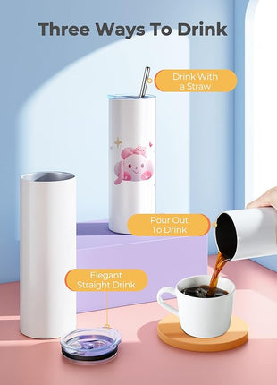 Hiipoo 8 Pack Sublimation Tumblers Blank 20 oz Straight Skinny with Sublimation Papers, Lids and Straws, Shrink Wrap Films, Stainless Steel Double Wall Insulated Tumbler for Mug Press Machine