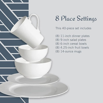 Mikasa Delray 40-Piece White Dinnerware Set, Service for 8, Durable Porcelain Plates, Bowls, and Mugs, Dishwasher and Microwave Safe
