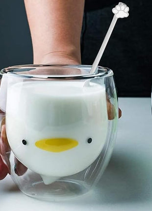 Duck Mug Cute Mugs Glass Double Wall Insulated Glass Espresso Cup, Coffee Cup, Tea Cup, Milk Cup,Kawaii Gift for Office and Personal Birthday Christmas (Duck)