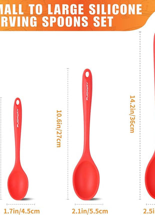 3 Pcs Silicone Spoons Set of 7.9 10.6 14.2 inch for Cooking, Heat Resistant Kitchen Spoons for Mixing, Stirring, and Serving, Small to Large Non Stick (Red)