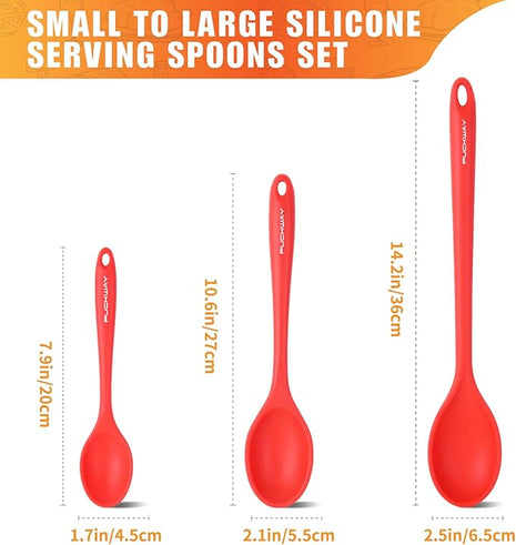 3 Pcs Silicone Spoons Set of 7.9 10.6 14.2 inch for Cooking, Heat Resistant Kitchen Spoons for Mixing, Stirring, and Serving, Small to Large Non Stick (Red)