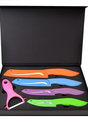 Ceramic Knife Set with Sheaths - Black 5 Piece Kitchen Set: 6" Chef, 5" Utility, 4" Fruit, 3" Paring Knife, One Peeler
