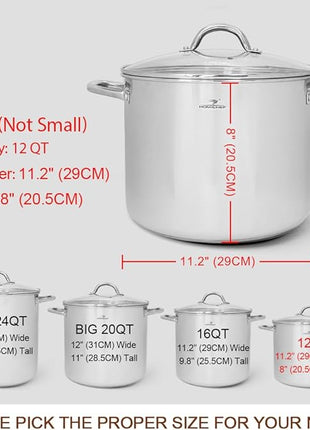 HOMICHEF 12 Quart LARGE Stock Pot with Glass Lid - NICKEL FREE Stainless Steel Healthy Cookware Stockpots with Lids 12 Quart - Mirror Polished Induction Pot - Commercial Grade Soup Cooking Pot