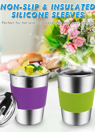 ShineMe Kids Cups with Lid, 12oz Stainless Steel Drinking Cups with Sleeves and Spill Proof Lid, Unbreakable Toddler Sippy Cups Apply to Indoor and Outdoor(6 Pack)