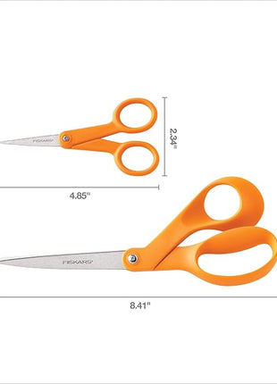 Fiskars Original Orange Handled Scissors 2-Piece Set, 5" Micro Tip and 8" Stainless Steel Scissors, Paper and Fabric Supplies for Office and Arts and Crafts Set, Orange