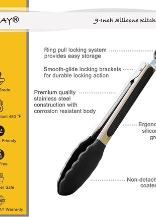 9-Inch Serving Tongs Silicone Tongs, Set of 3 (Black White Gray)