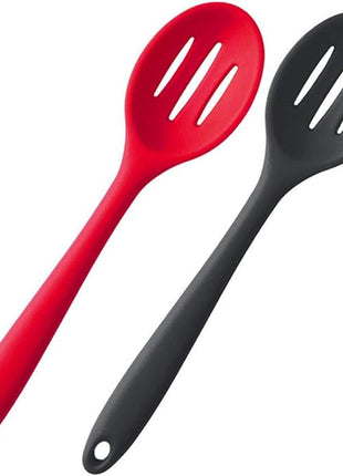 Silicone Nonstick Slotted Spoons Set 2,High Heat Resistant, Hygienic Design Cooking Baking Spoons Set for Cooking Stirring, Mixing and Serving,Red and Black with Color Box