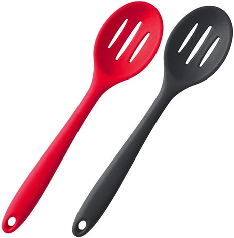 Silicone Nonstick Slotted Spoons Set 2,High Heat Resistant, Hygienic Design Cooking Baking Spoons Set for Cooking Stirring, Mixing and Serving,Red and Black with Color Box