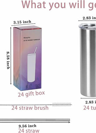 24 Pack 20 Oz Stainless Steel Straight Tumblers, Insulated Slim Skinny Travel Cup Set, BPA-Free Lids and Straws Included, Silver