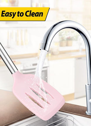 Pack of 2 Silicone Solid Turner, Non Stick Slotted Kitchen Spatulas, High Heat Resistant BPA Free Cooking Utensils, Ideal Cookware for Fish, Eggs, Pancakes(Pink)