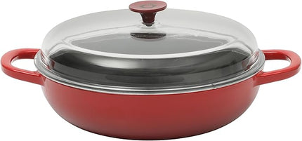 Crock Pot Artisan 5-Quart Enameled Cast Iron Braiser Pan With Borosilicate Glass Lid, Everyday Covered Skillet for Searing, Roasting, and Baking, Red