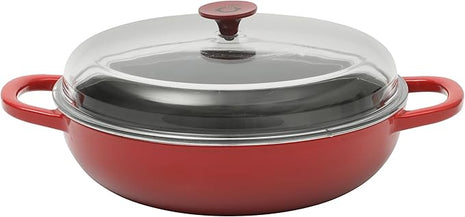 Crock Pot Artisan 5-Quart Enameled Cast Iron Braiser Pan With Borosilicate Glass Lid, Everyday Covered Skillet for Searing, Roasting, and Baking, Red
