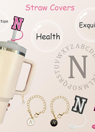 （2+2）2PCS Straw Cover for Stanley Cup 30&40 Oz 10mm Straw Topper with 2PCS Stanley Cup Accessories Letter Charms Name ID Initial Letter Handle Personalized Charm For Stanley Tumbler (Letter N)