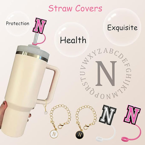 （2+2）2PCS Straw Cover for Stanley Cup 30&40 Oz 10mm Straw Topper with 2PCS Stanley Cup Accessories Letter Charms Name ID Initial Letter Handle Personalized Charm For Stanley Tumbler (Letter N)