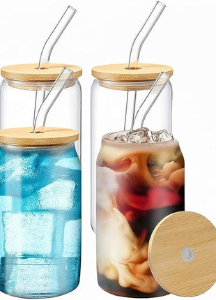 Drinking Glasses with Bamboo Lids and Glass Straw 4PCS Set, 16oz Glass Cups with Lids and Straws, Beer, Iced Coffee Glasses, Soda, Gift 1 Cleaning Brushes